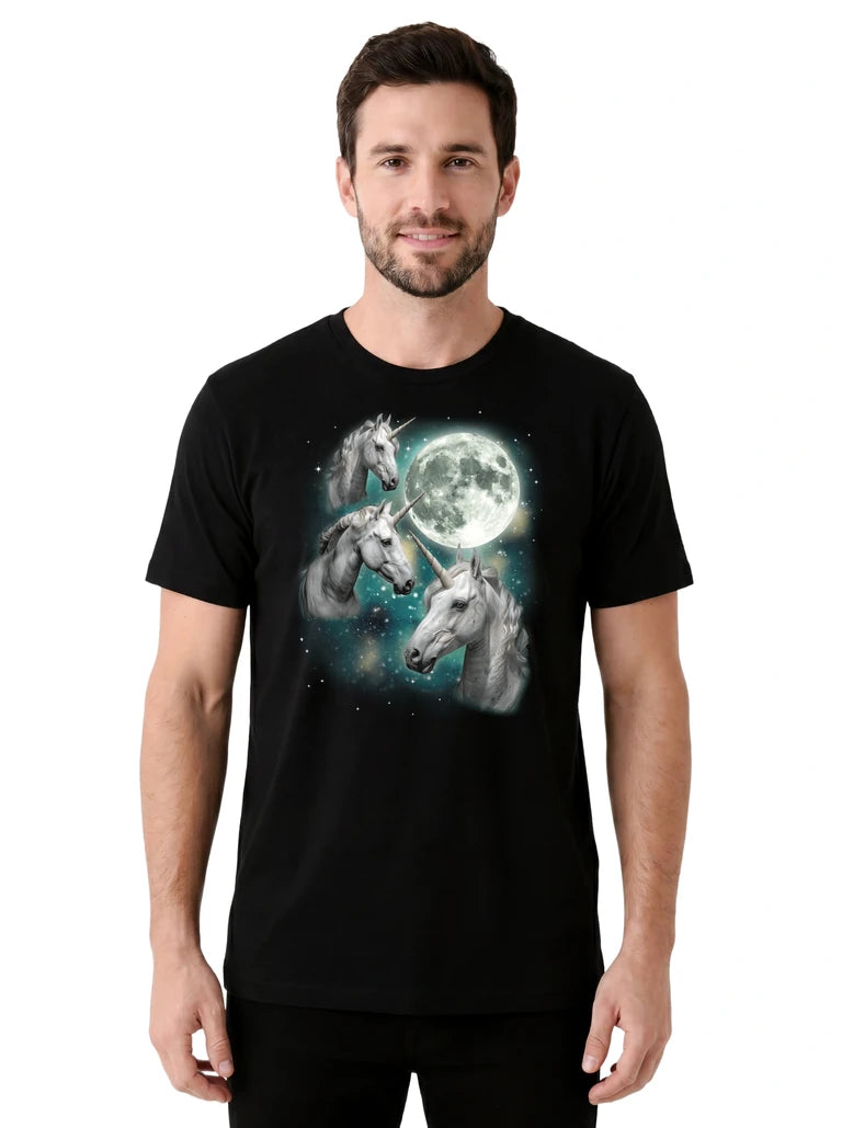 MagicMoon Three Unicorn Moon on model front view, Funny Novelty Shirt, White Elephant Gift