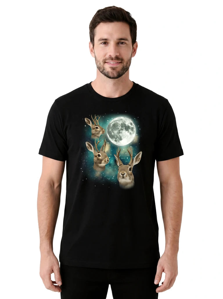 MagicMoon Three Jackalope Moon on model front view, Funny Novelty Shirt, White Elephant Gift