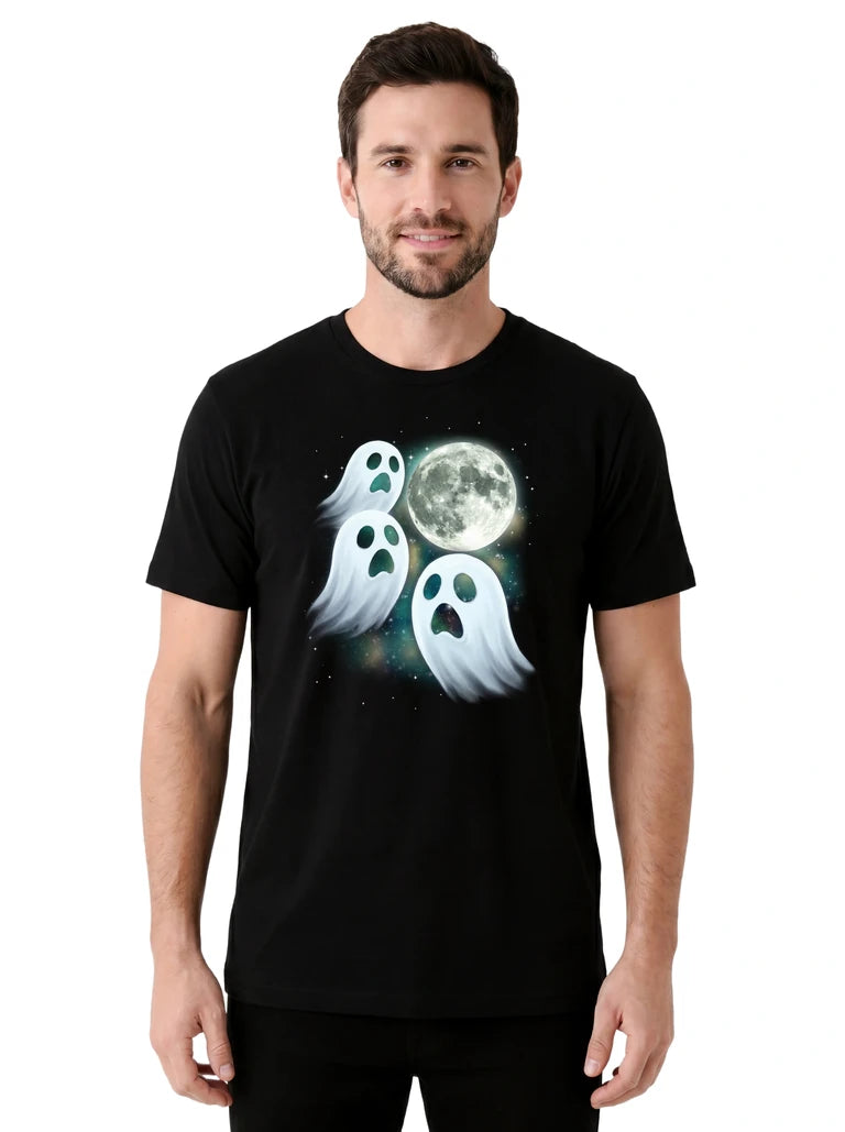 MagicMoon Three Ghost Moon on model front view, Halloween Costume Shirt, White Elephant Gift