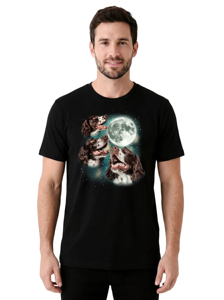 MagicMoon Three English Springer Spaniel Moon on model front view, Funny Animal Shirt, White Elephant Gift