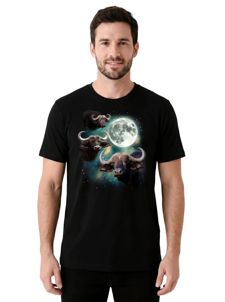 MagicMoon Three Buffalo Moon on model front view, Funny Animal Shirt, White Elephant Gift