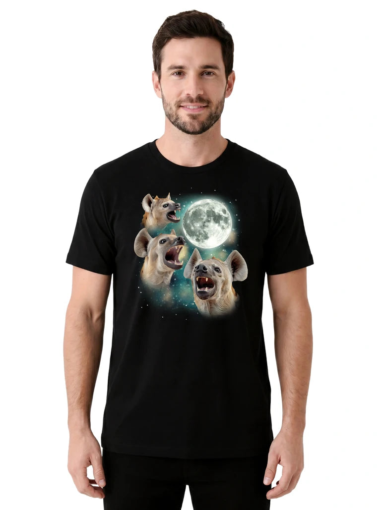 MagicMoon Three Hyena Moon on model front view, Funny Animal Shirt, White Elephant Gift