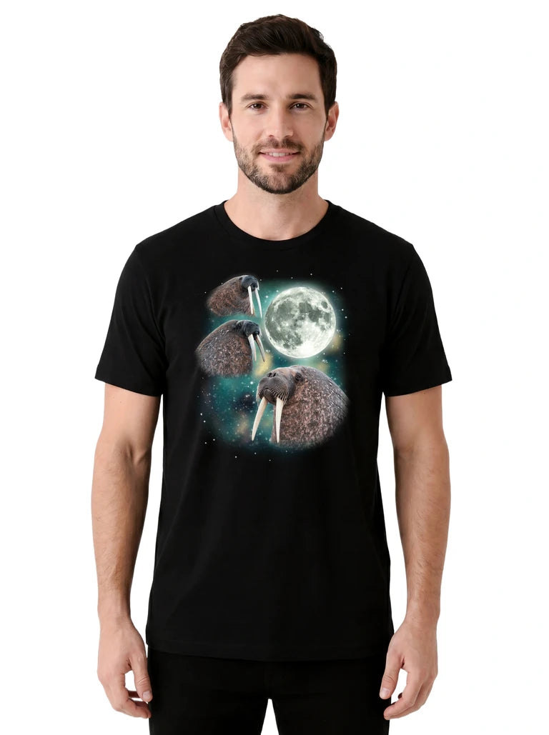 MagicMoon Three Walrus Moon on model front view, Funny Animal Shirt, White Elephant Gift