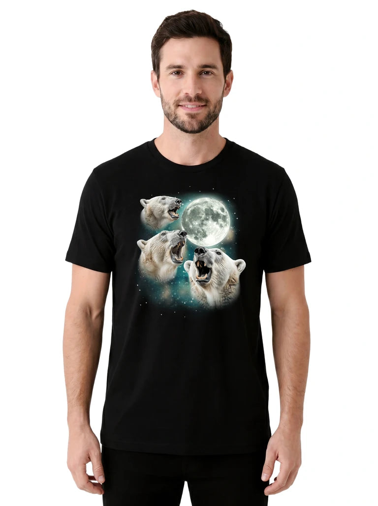 MagicMoon Three Polar Bear Moon on model front view, Funny Animal Shirt, White Elephant Gift