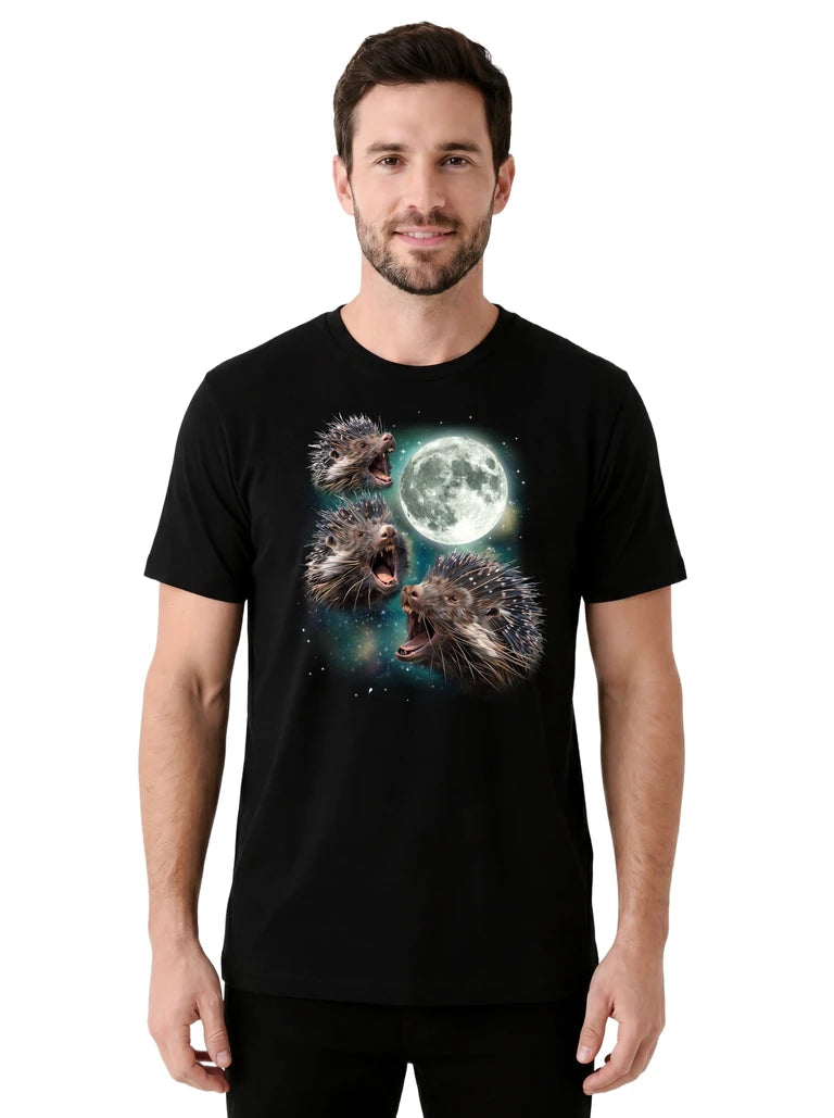 MagicMoon Three Porcupine Moon on model front view, Funny Animal Shirt, White Elephant Gift