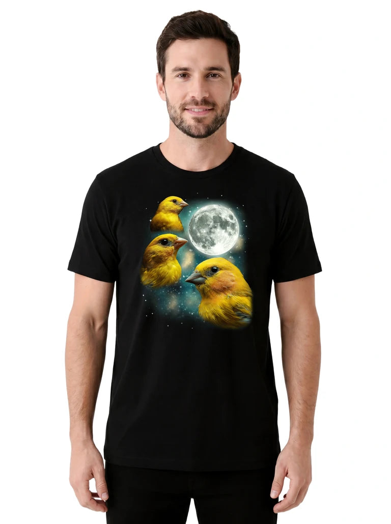 MagicMoon Three Canary Moon on model front view, Funny Animal Shirt, White Elephant Gift