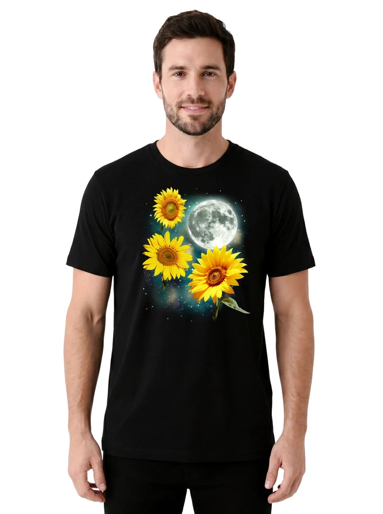 MagicMoon Three Sunflower Moon on model front view, Funny Novelty Shirt, White Elephant Gift