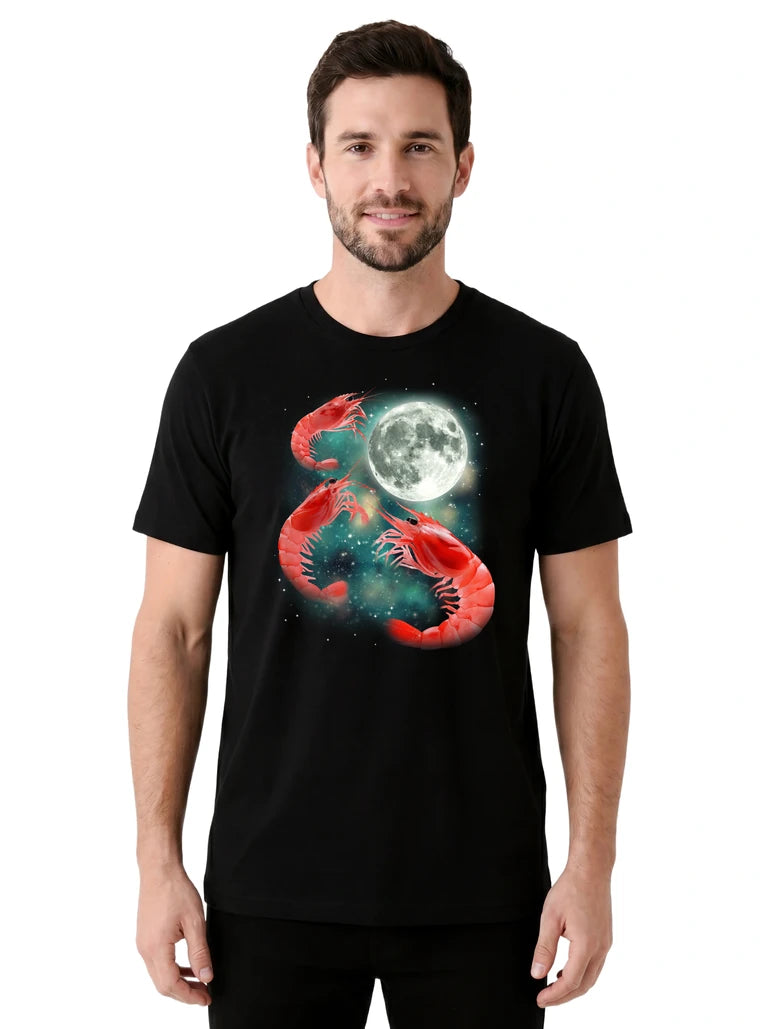 MagicMoon Three Shrimp Moon on model front view, Funny Animal Shirt, White Elephant Gift