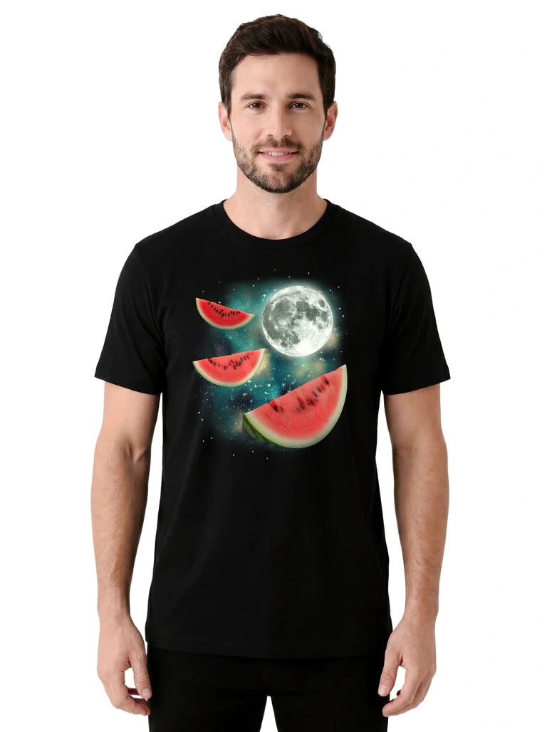 MagicMoon Three Watermelon Moon on model front view, Funny Food Shirt, White Elephant Gift