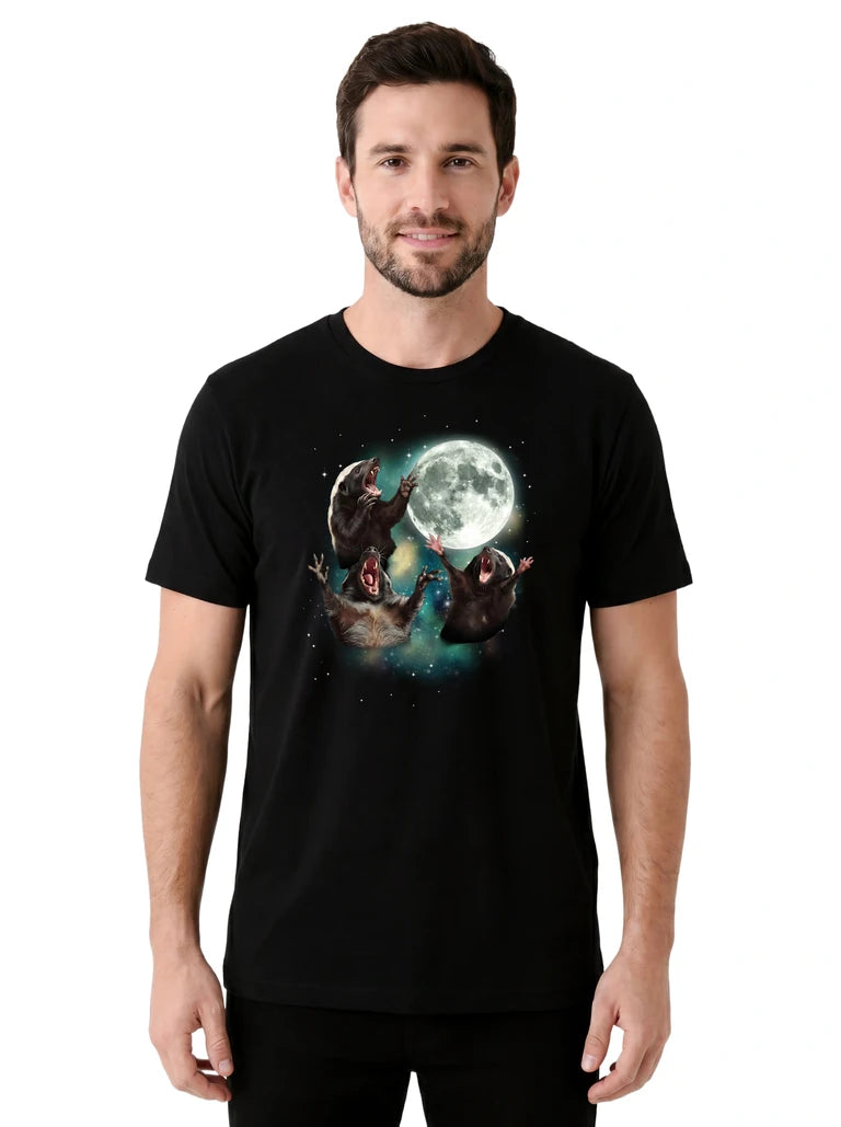 MagicMoon Three Honey Badger Moon on model front view, Funny Animal Shirt, White Elephant Gift