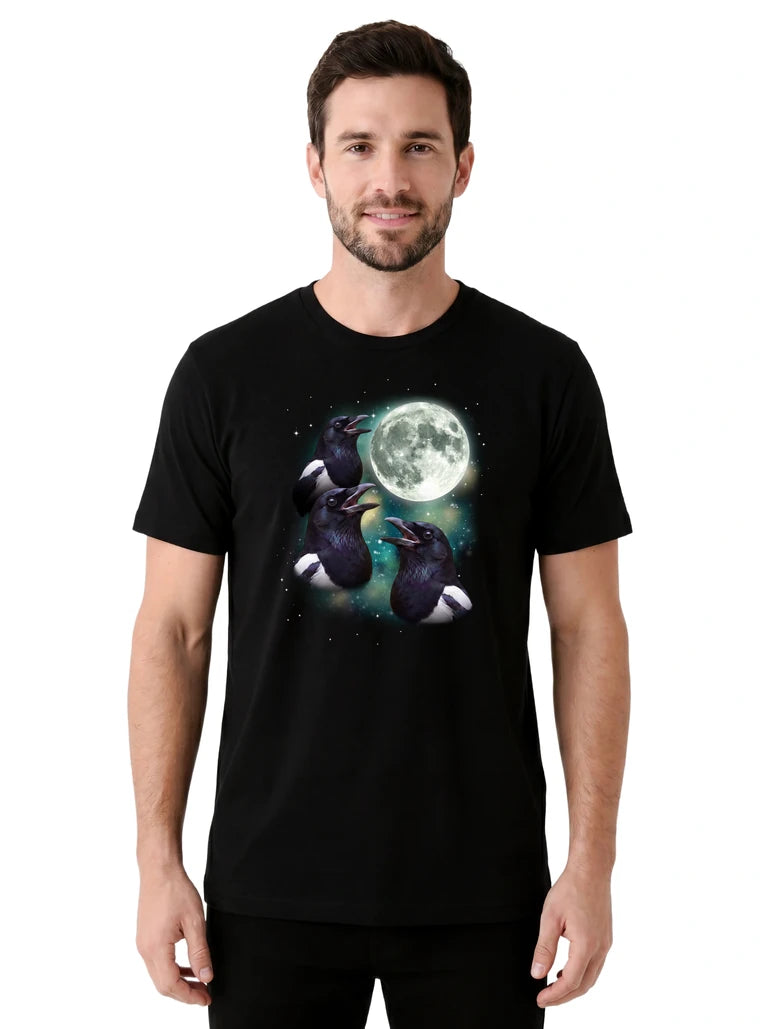 MagicMoon Three Magpie Moon on model front view, Funny Animal Shirt, White Elephant Gift