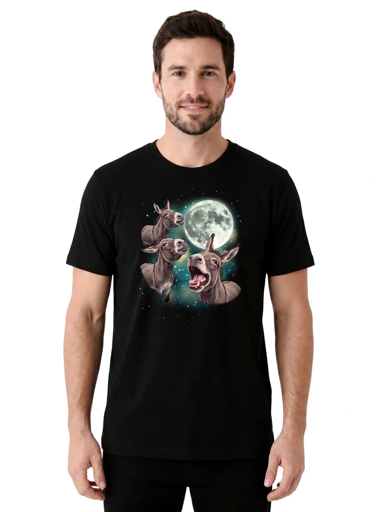 MagicMoon Three Donkey Moon on model front view, Funny Animal Shirt, White Elephant Gift