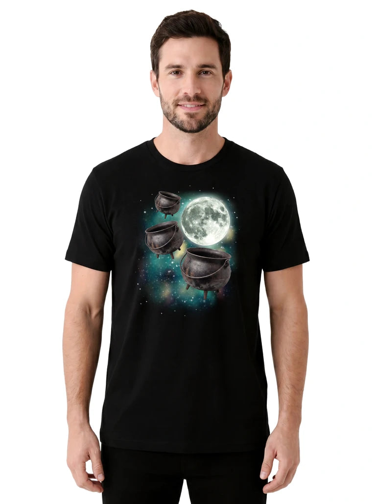 MagicMoon Three Cauldron Moon on model front view, Halloween Costume Shirt, White Elephant Gift