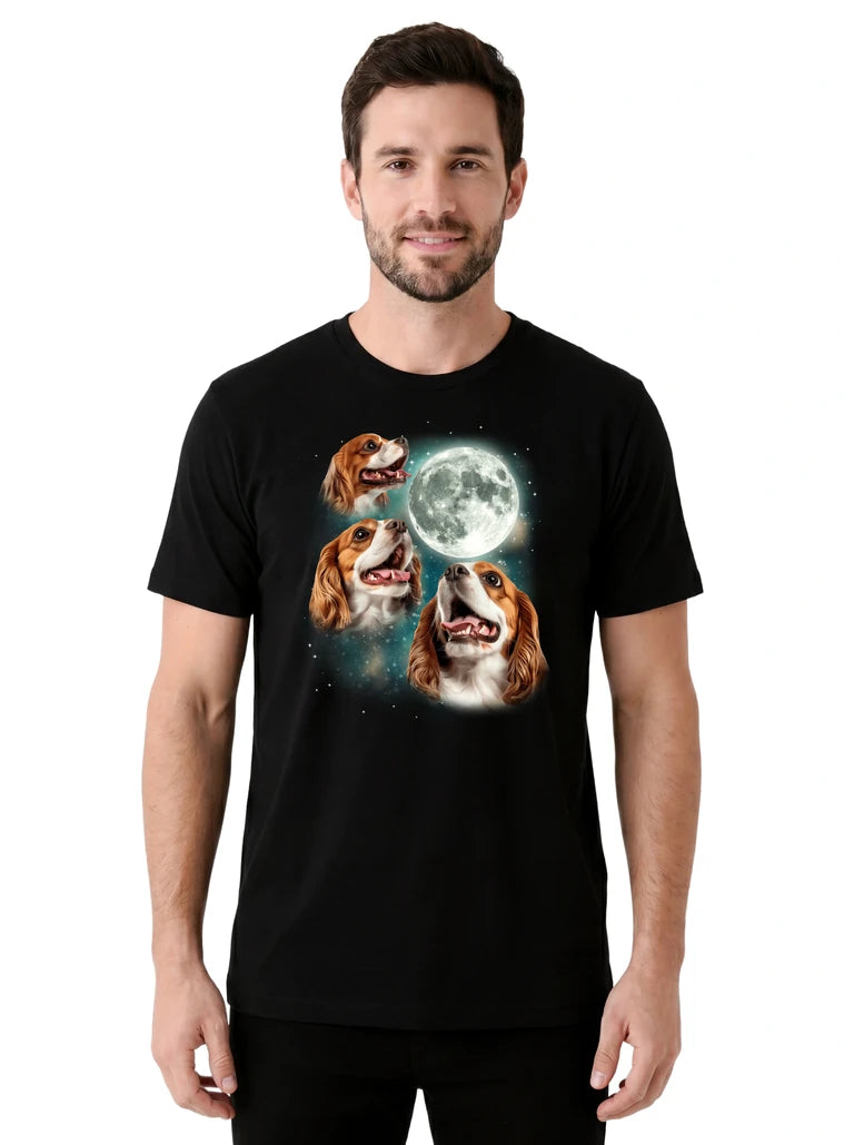 MagicMoon Three Cavalier King Charles Spaniel Moon on model front view, Funny Animal Shirt, White Elephant Gift