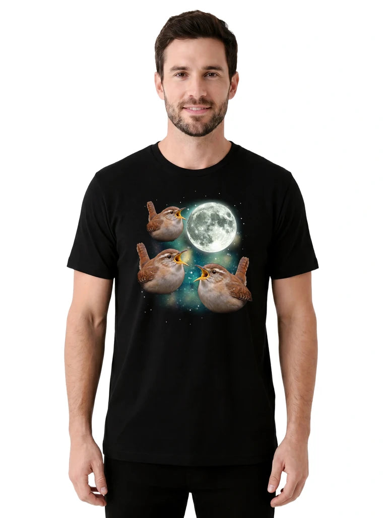 MagicMoon Three Wren Moon on model front view, Funny Animal Shirt, White Elephant Gift