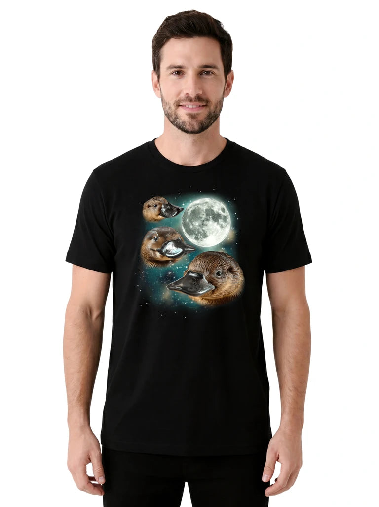 MagicMoon Three Platypus Moon on model front view, Funny Animal Shirt, White Elephant Gift