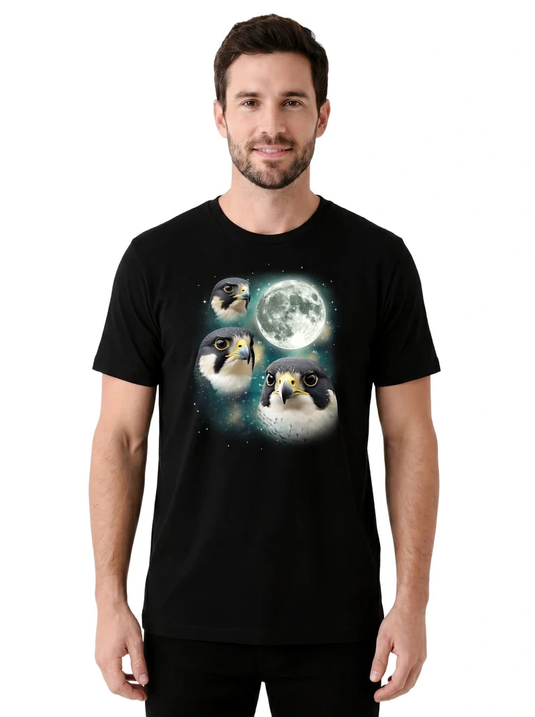 MagicMoon Three Falcon Moon on model front view, Funny Animal Shirt, White Elephant Gift