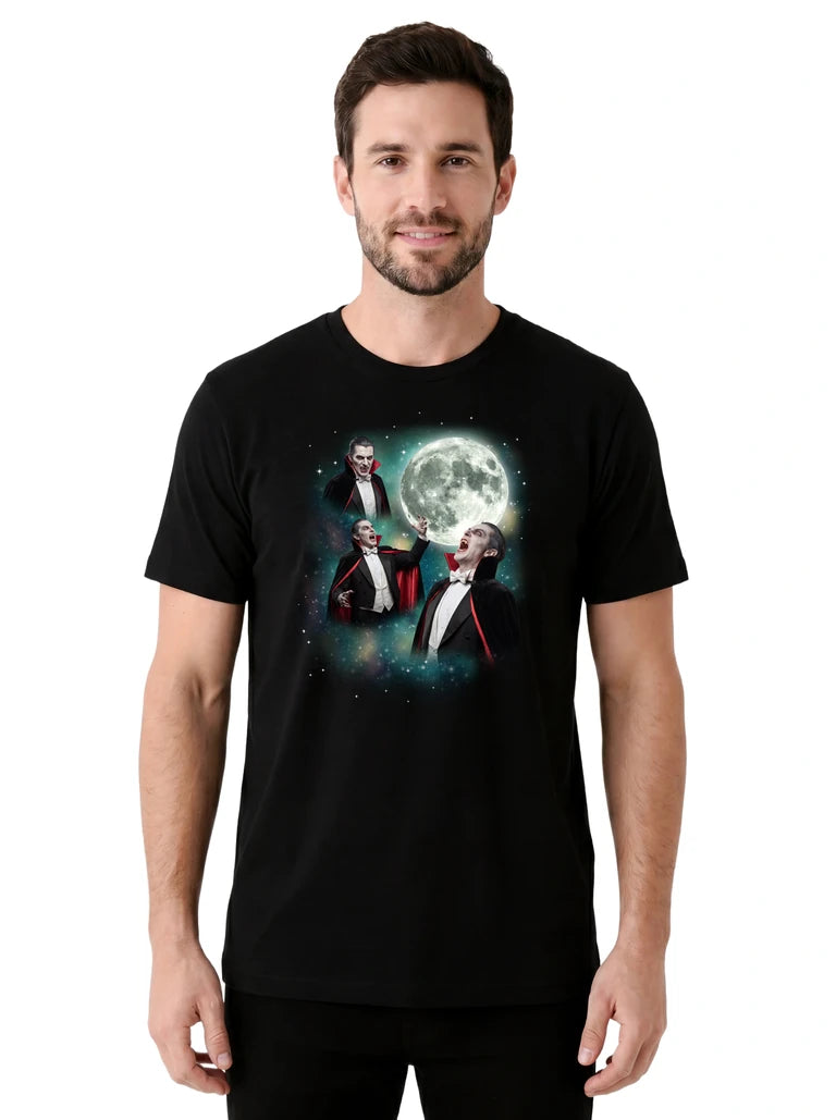 MagicMoon Three Vampire Moon on model front view, Halloween Costume Shirt, White Elephant Gift