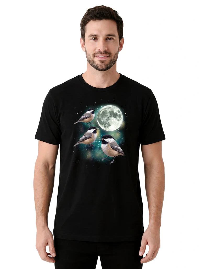 MagicMoon Three Chickadee Moon on model front view, Funny Animal Shirt, White Elephant Gift