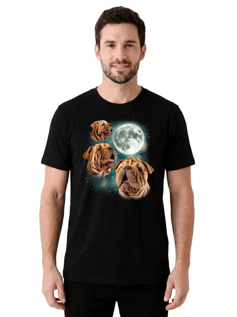 MagicMoon Three Chinese Shar-Pei Moon on model front view, Funny Animal Shirt, White Elephant Gift