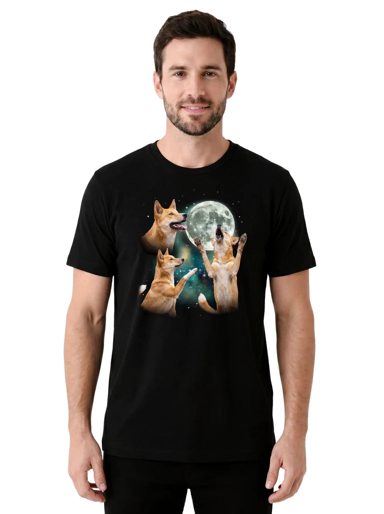 MagicMoon Three Dingo Moon on model front view, Funny Animal Shirt, White Elephant Gift
