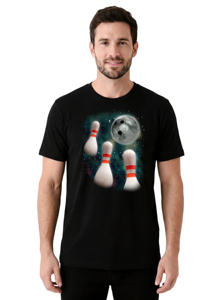 MagicMoon Three Bowling Pin Moon on model front view, Funny Novelty Shirt, White Elephant Gift