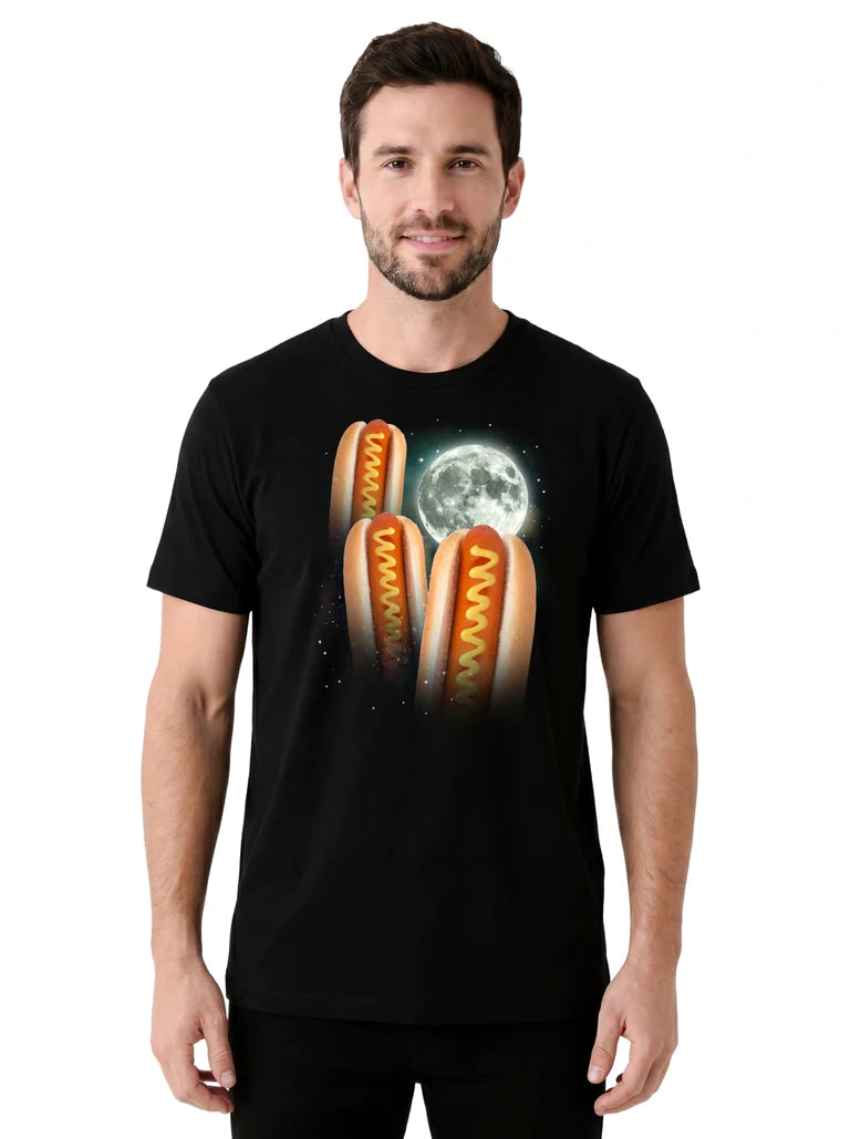 MagicMoon Three Hot Dog Moon on model front view, Funny Food Shirt, White Elephant Gift