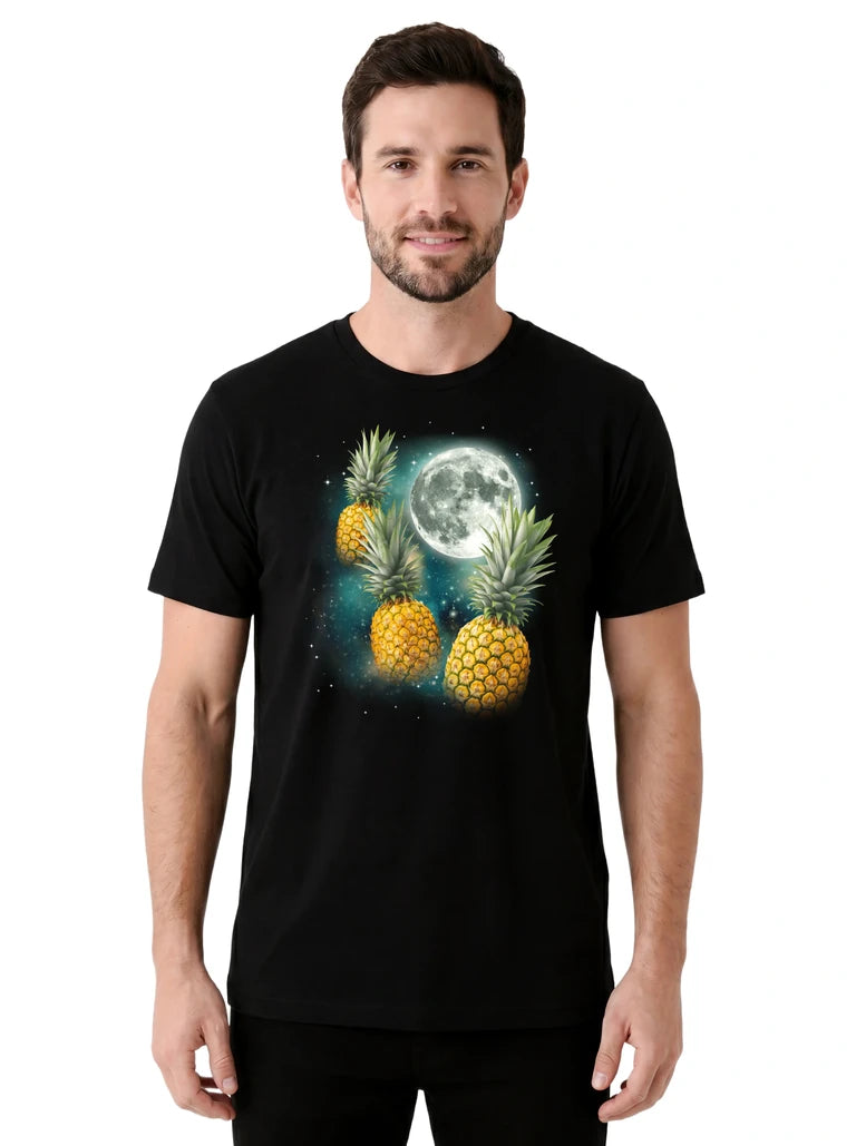 MagicMoon Three Pineapple Moon on model front view, Funny Food Shirt, White Elephant Gift