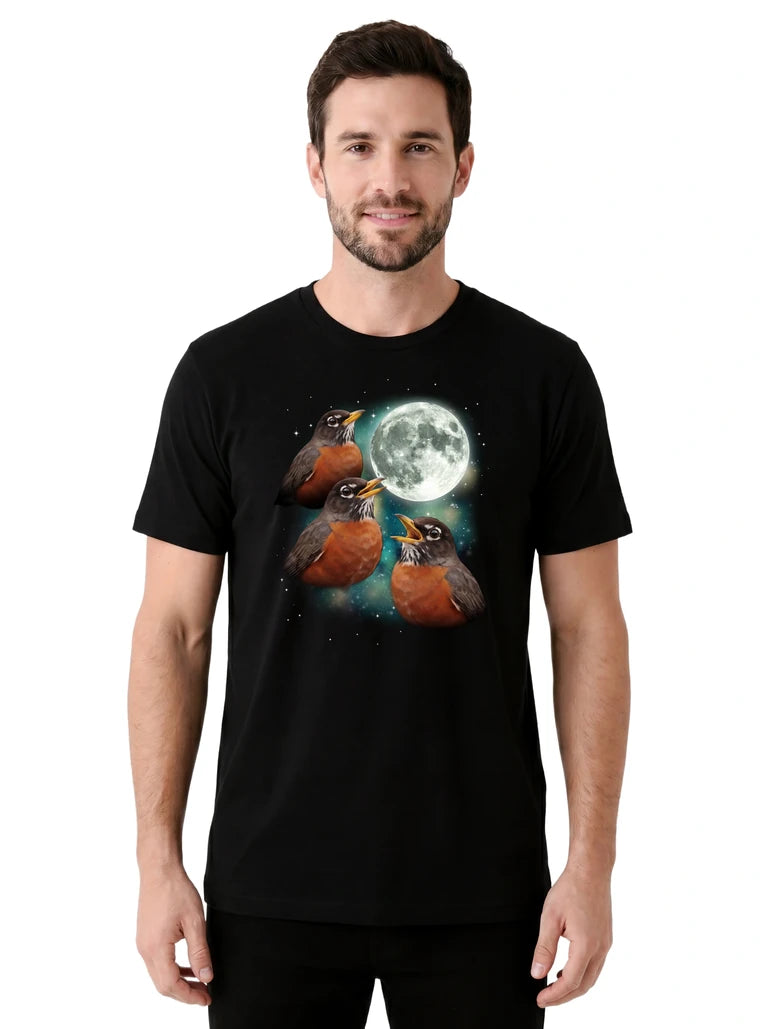 MagicMoon Three Robin Moon on model front view, Funny Animal Shirt, White Elephant Gift