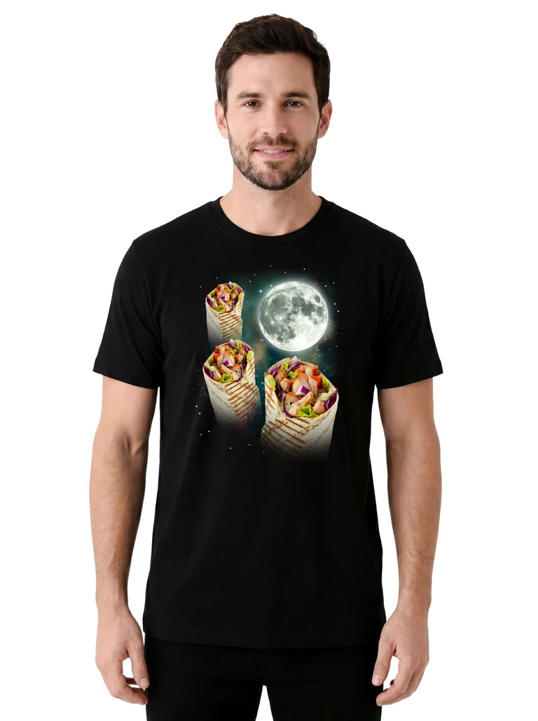 MagicMoon Three Burrito Moon on model front view, Funny Food Shirt, White Elephant Gift