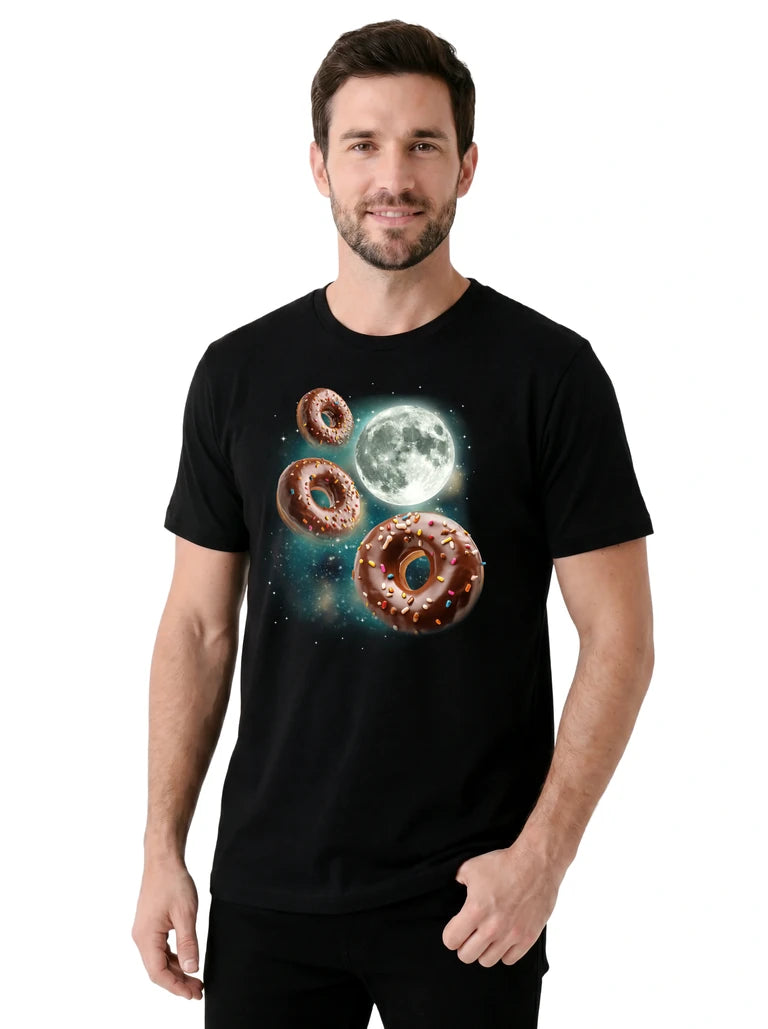 MagicMoon Three Donut Moon on model, casual lifestyle shot, Funny Food Shirt