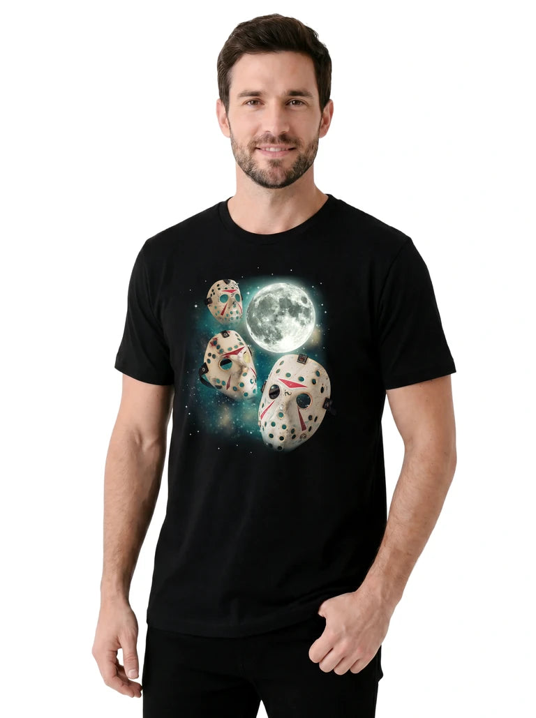 MagicMoon Three Hockey Mask Moon on model, casual lifestyle shot, Halloween Costume Shirt