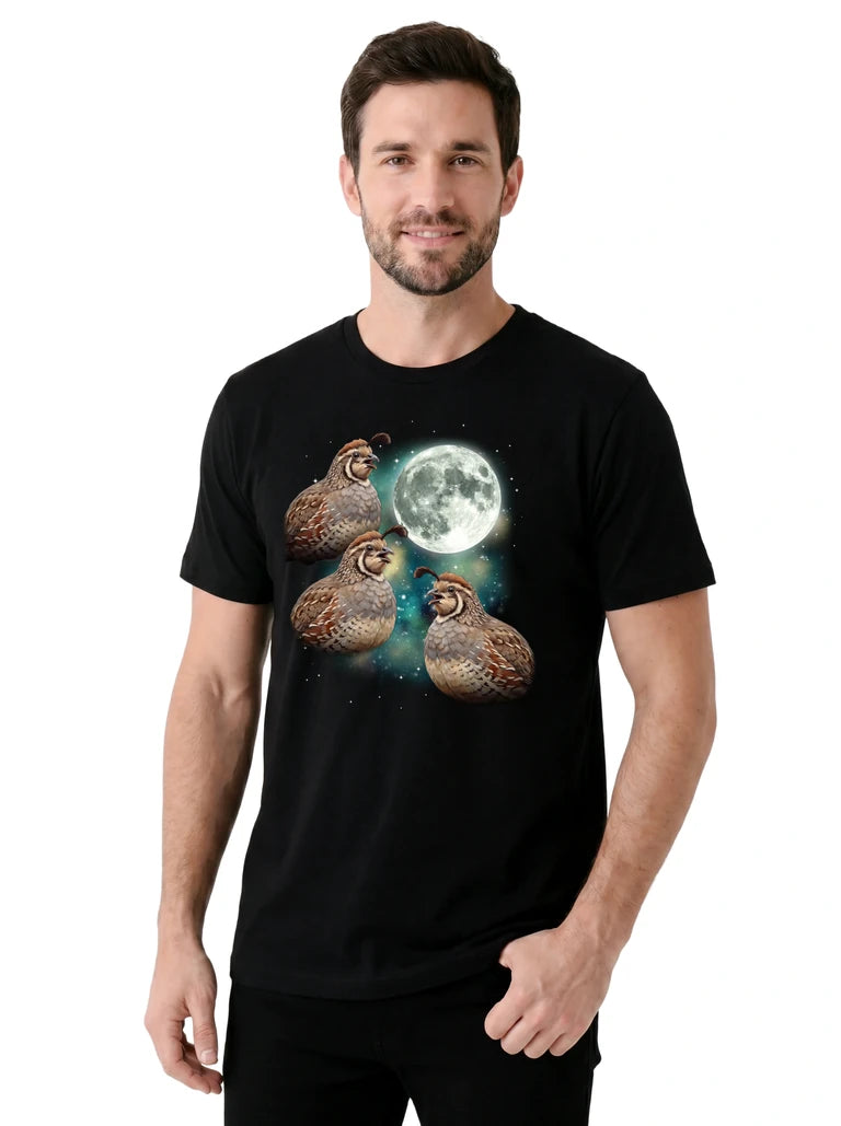 MagicMoon Three Quail Moon on model, casual lifestyle shot, Funny Animal Shirt