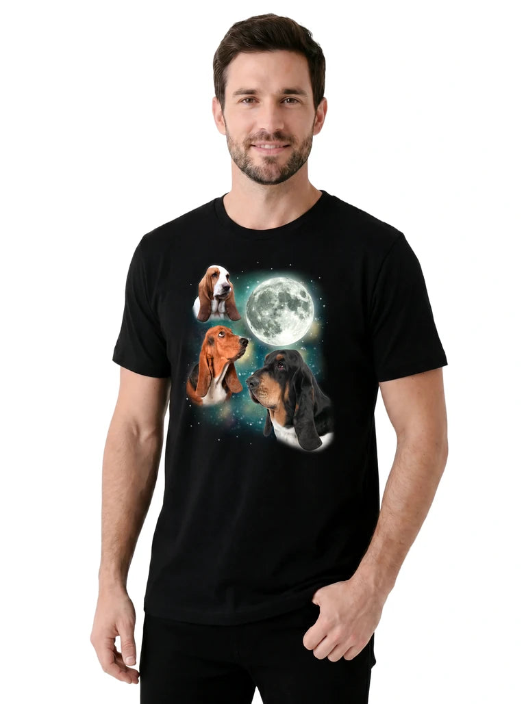 MagicMoon Three Hound Moon on model, casual lifestyle shot, Funny Animal Shirt