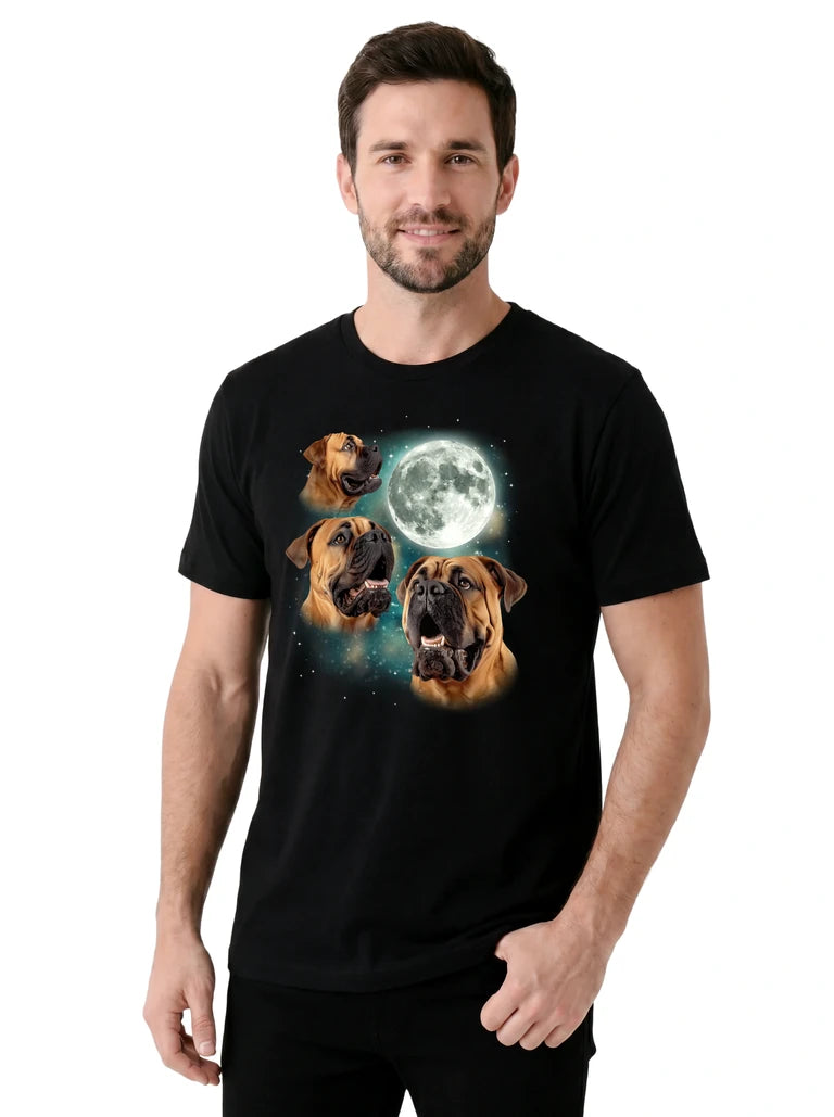 MagicMoon Three Mastiffs Moon on model, casual lifestyle shot, Funny Animal Shirt