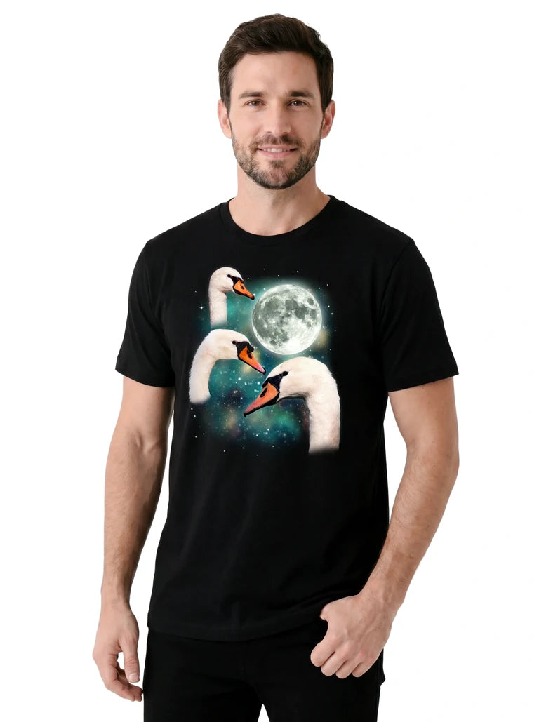 MagicMoon Three Swans Moon on model, casual lifestyle shot, Funny Animal Shirt