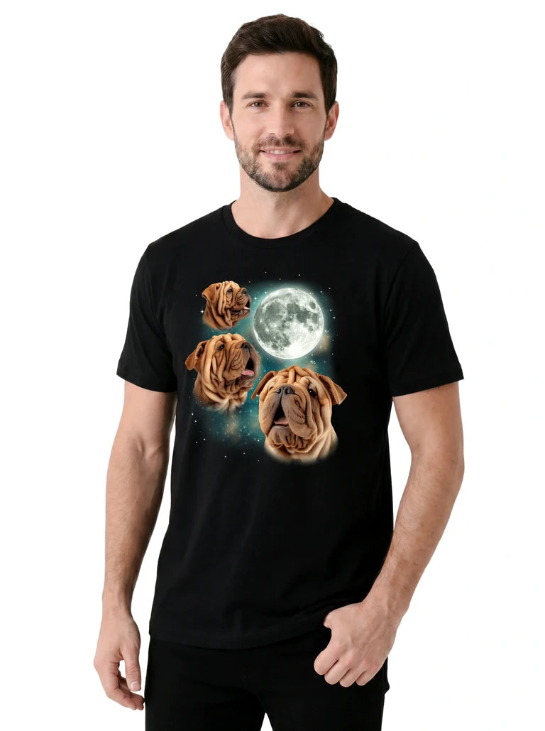 MagicMoon Three Chinese Shar-Pei Moon on model, casual lifestyle shot, Funny Animal Shirt
