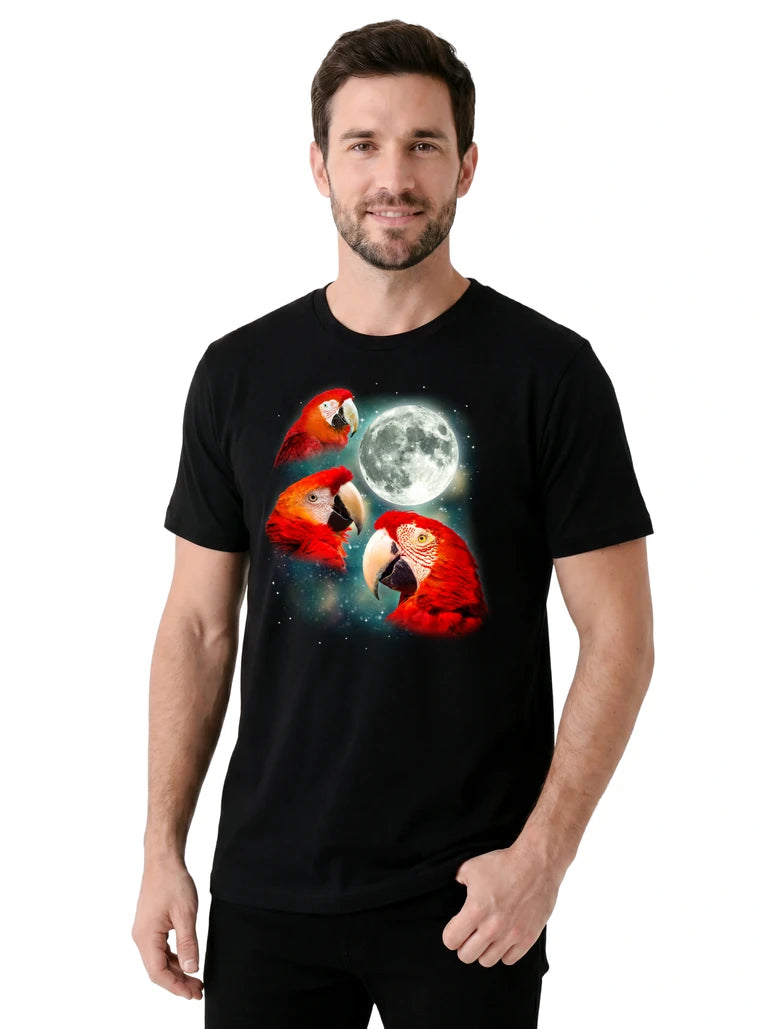 MagicMoon Three Parrot 2 Moon on model, casual lifestyle shot, Funny Animal Shirt