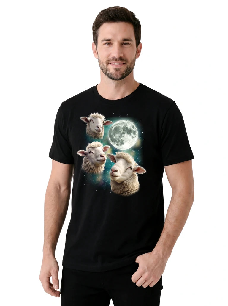 MagicMoon Three Sheep Moon on model, casual lifestyle shot, Funny Animal Shirt