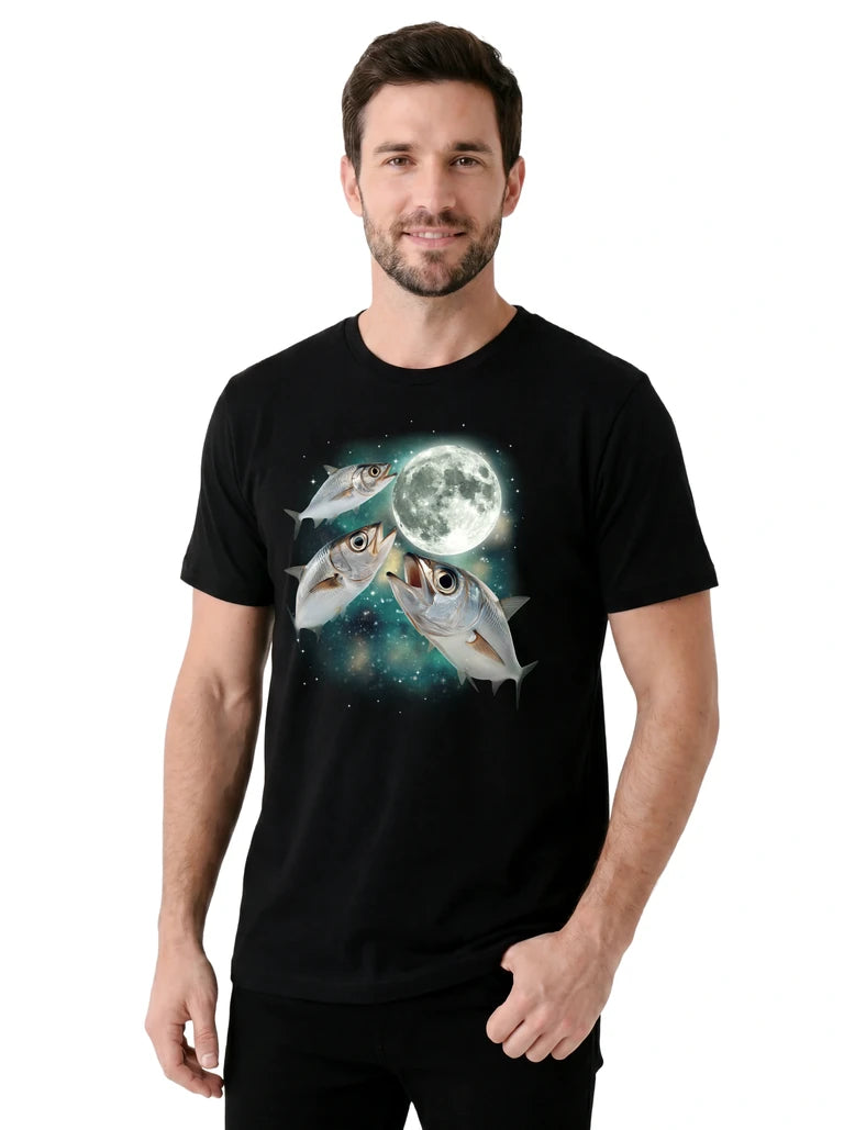 MagicMoon Three Sardine Moon on model, casual lifestyle shot, Funny Animal Shirt