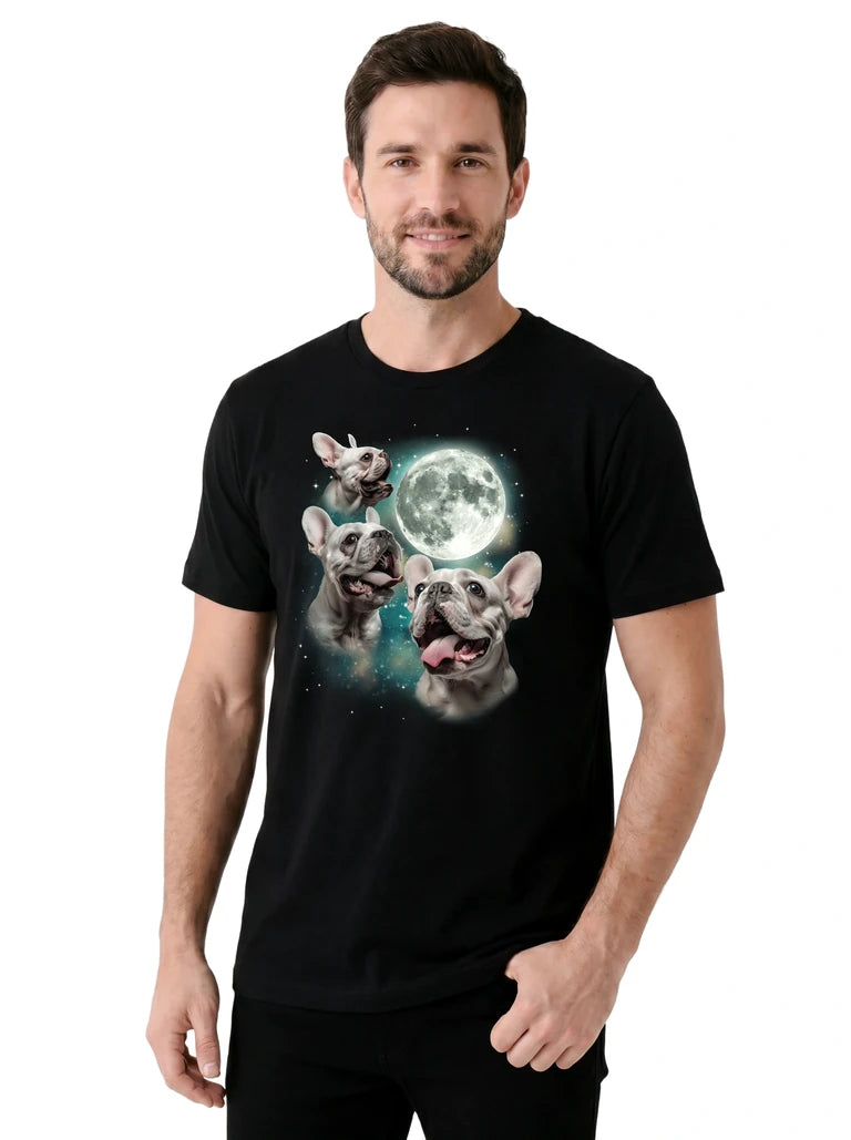 MagicMoon Three French Bulldog White Moon on model, casual lifestyle shot, Funny Animal Shirt