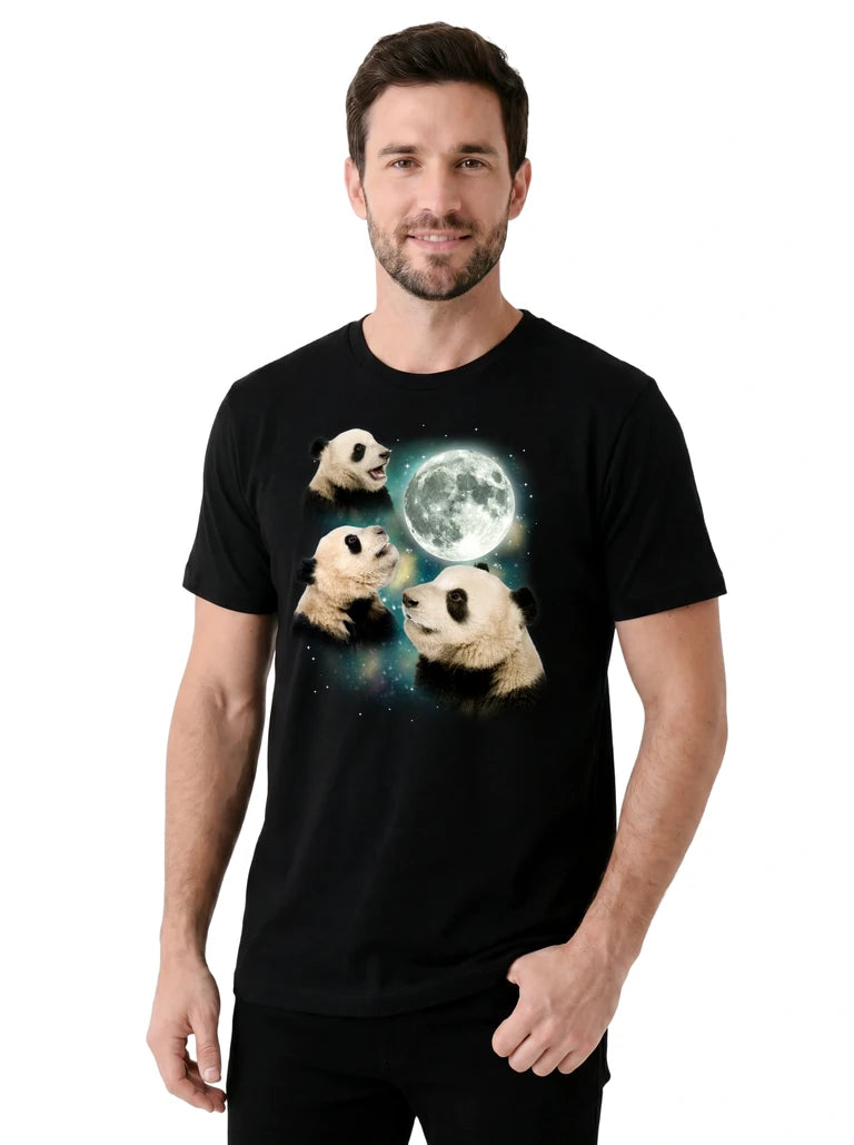 MagicMoon Three Panda Moon on model, casual lifestyle shot, Funny Animal Shirt