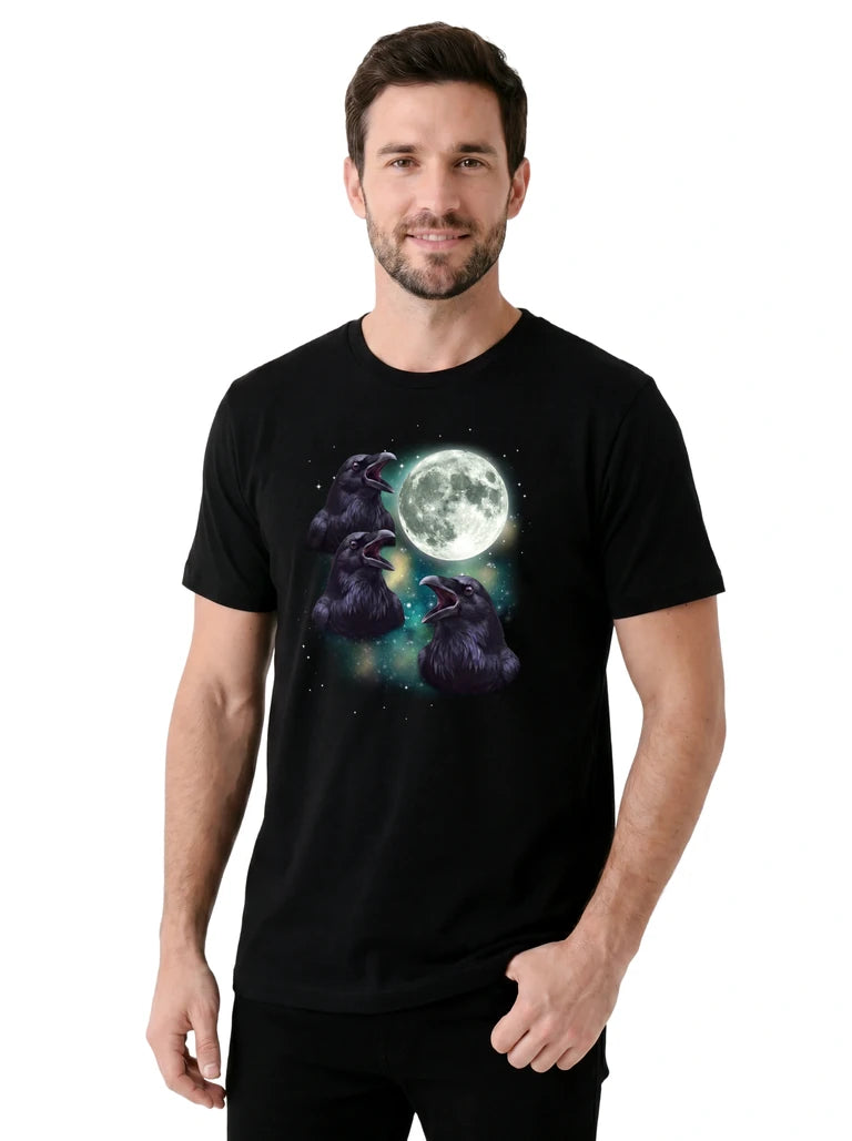 MagicMoon Three Crow Moon on model, casual lifestyle shot, Funny Animal Shirt