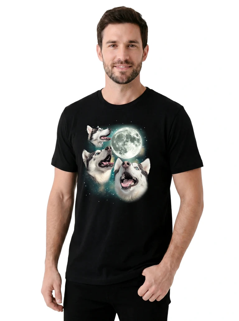 MagicMoon Three Siberian Husky Moon on model, casual lifestyle shot, Funny Animal Shirt