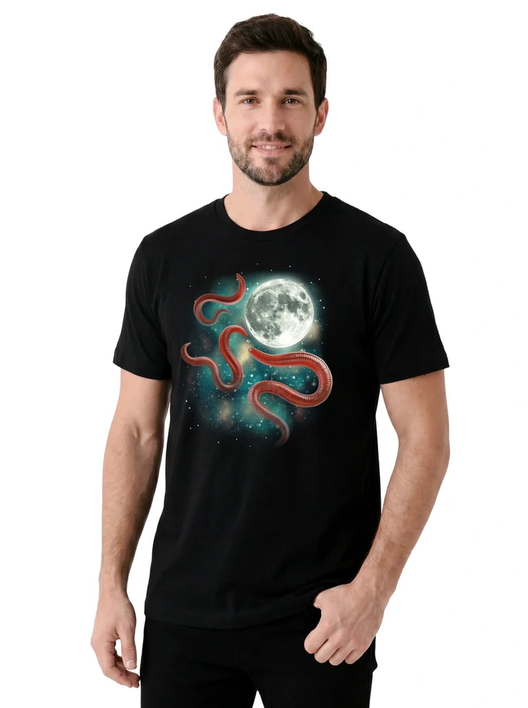 MagicMoon Three Worm Moon on model, casual lifestyle shot, Funny Animal Shirt
