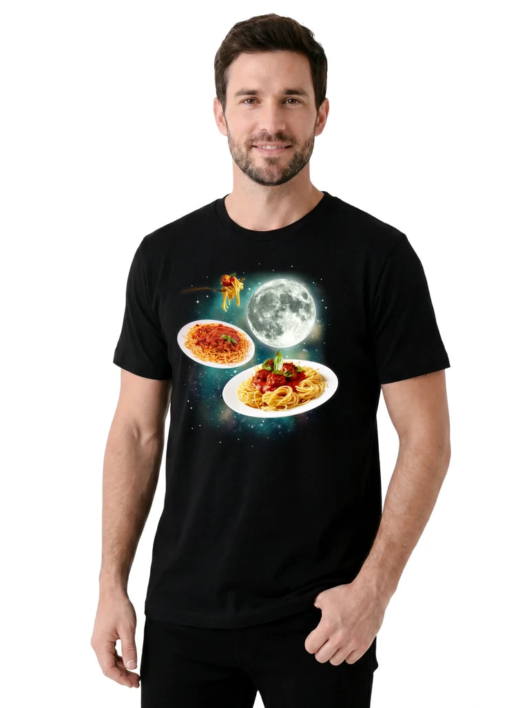 MagicMoon Three Spaghetti Moon on model, casual lifestyle shot, Funny Food Shirt