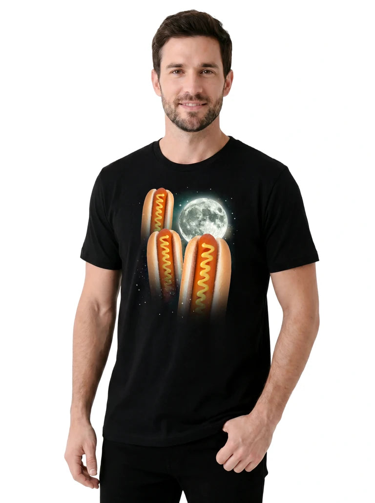 MagicMoon Three Hot Dog Moon on model, casual lifestyle shot, Funny Food Shirt