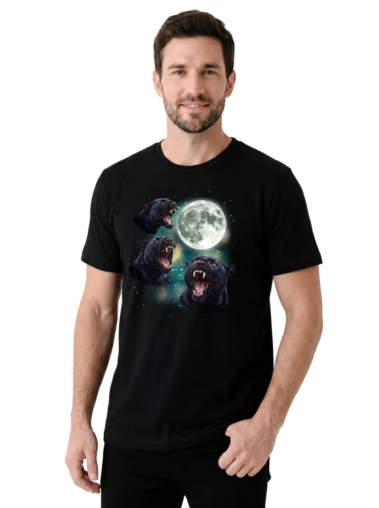 MagicMoon Three Panther Moon on model, casual lifestyle shot, Funny Animal Shirt