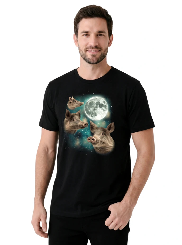 MagicMoon Three Wild Boar Moon on model, casual lifestyle shot, Funny Animal Shirt