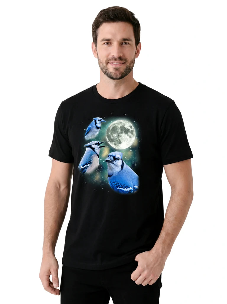 MagicMoon Three Blue Jay Moon on model, casual lifestyle shot, Funny Animal Shirt